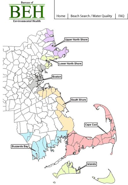 Image of the Massachusetts Coastline showing some of the areas available on the MDPH marine beaches website.