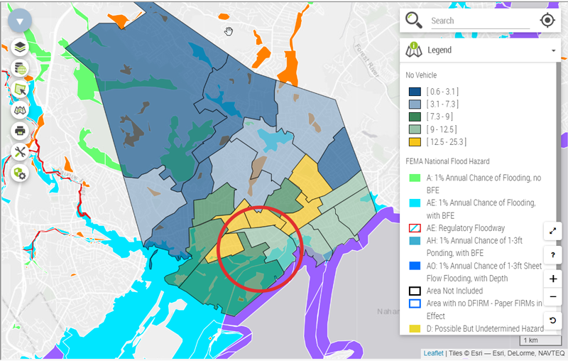 Map output from the EPPP tool for Lynn, MA illustrating census tracts by the amount of residents with no vehicle. Other map layers are on, such as locations of hospitals, fire stations, and FEMA flood hazards.