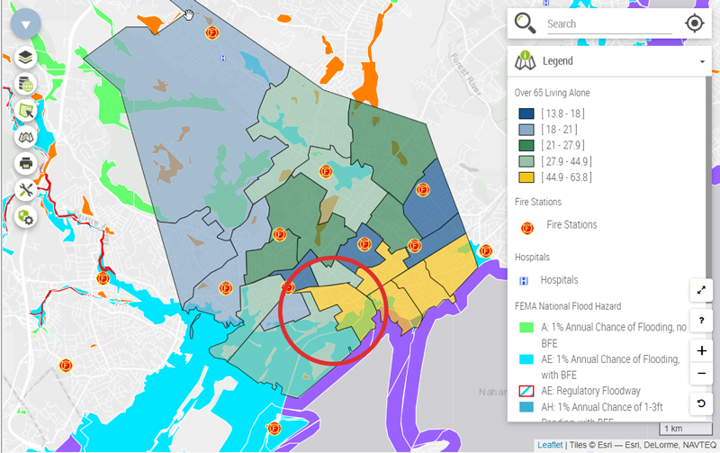 Map output from the EPPP tool for Lynn, MA illustrating census tracts by the amount of residents over 65 and living alone. Other map layers are on, such as locations of hospitals, fire stations, and FEMA flood hazards.