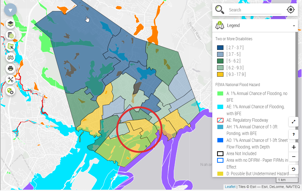 Map output from the EPPP tool for Lynn, MA illustrating census tracts by the amount of residents with two or more disabilities. Other map layers are on, such as locations of hospitals, fire stations, and FEMA flood hazards.