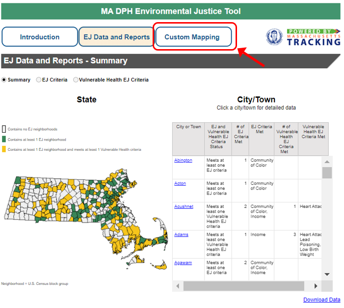 View of the MA DPH EJ Tool has a "Custom Mapping" menu button at the top. It’s circled and an arrow points to it.