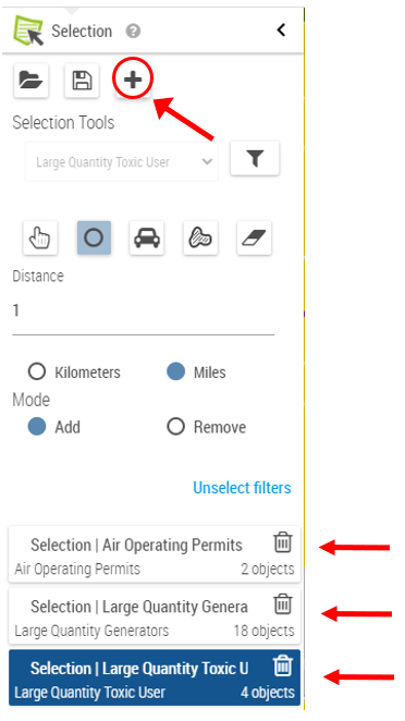 At top of selection tool panel, a plus sign icon adds a new selection. Layer and buffer for 1 mile are input. Below, rows show 3 different selections.