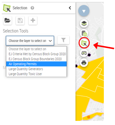 Zoom-in of selection tool panel. At top, folder icon is selected next to save and add icons that are greyed-out. Below, a dropdown data layers list.