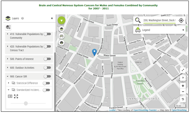 The screenshot has the Cancer SIR category toggle turned off in gray. The green color and black stripes indicating cancer incidence data has been removed and the base street map with the pinned location remains.