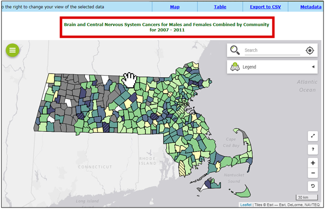 There is a screenshot of the map page with a red box around the title, Brain and Central Nervous System Cancers for Males and Females Combined by Community for 2007-2011 at the top. A map of Massachusetts has each town displaying data using different colors, representing a fixed legend for cancer standardized incidence ratio.