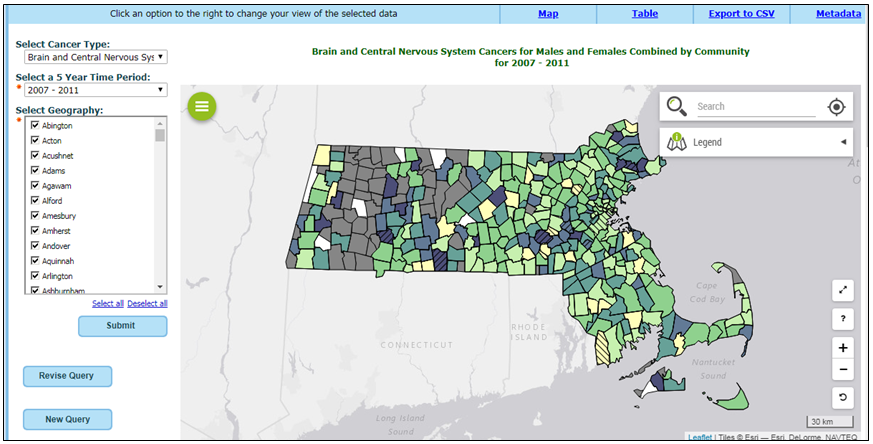 There is a screenshot of the map page, which is the default view for most queries.  It is titled Brain and Central Nervous System Cancers for Males and Females Combined by Community for 2007-2011 at the top. A map of Massachusetts shows each town displaying data using different colors, representing a fixed legend for cancer standardized incidence ratio.