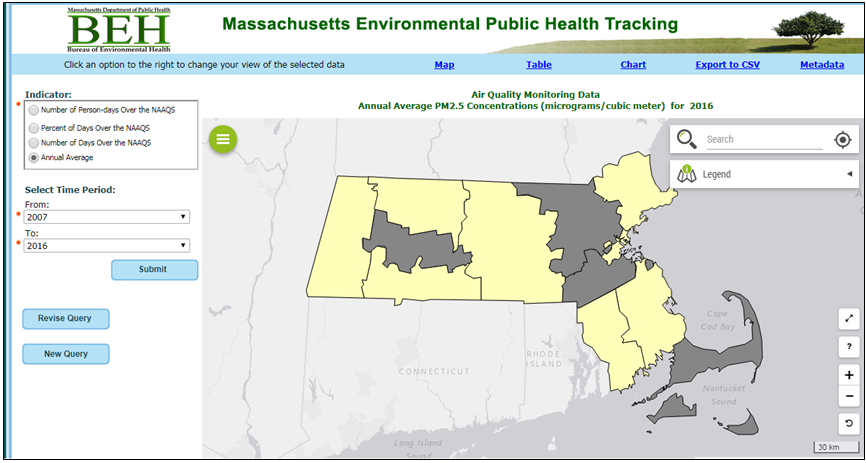 There is a screenshot of the map page.  It is titled Air Quality Monitoring Data Annual Average PM2.5 Concentrations (micrograms/cubic meter) for 2016 at the top. A map of Massachusetts has each county displaying data using different colors.