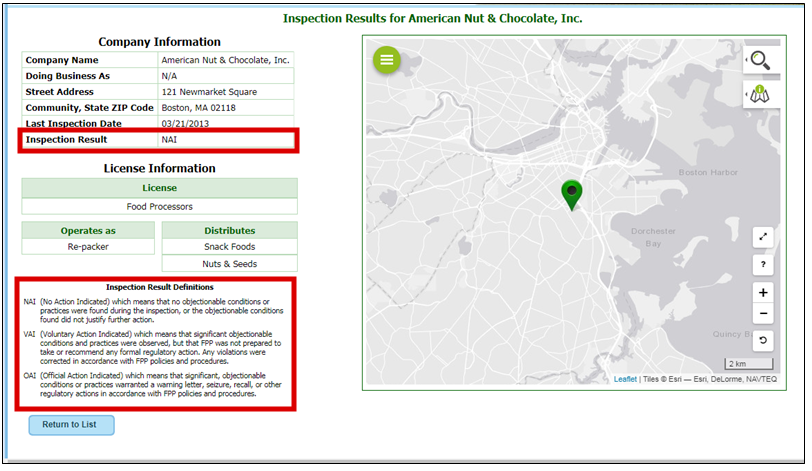 There is a screenshot of the query results. There is Company Information and License Information on the left, including the address of the facility. There is a map of the address location on the right. There is a red box around the Inspection Result and another red box around the Inspection Result Definitions, located at the bottom right of the page.