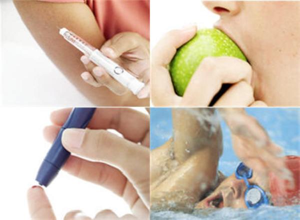 Person eating an apple, swimming, giving shot and tkae blood test