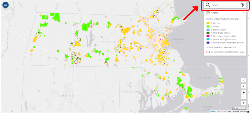 Map of Massachusetts EJ block groups. The search bar is at the top right. It’s circled and an arrow points to it.