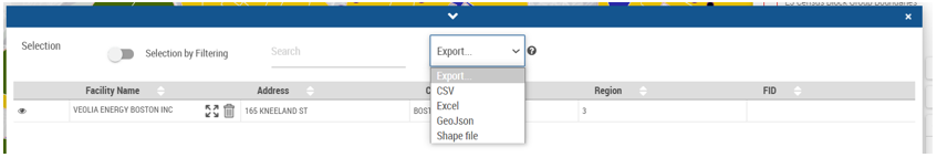 Table with rows showing locations within buffer has export drop-down box which is expanded to show options: CSV, Excel, GeoJson, and Shape File.