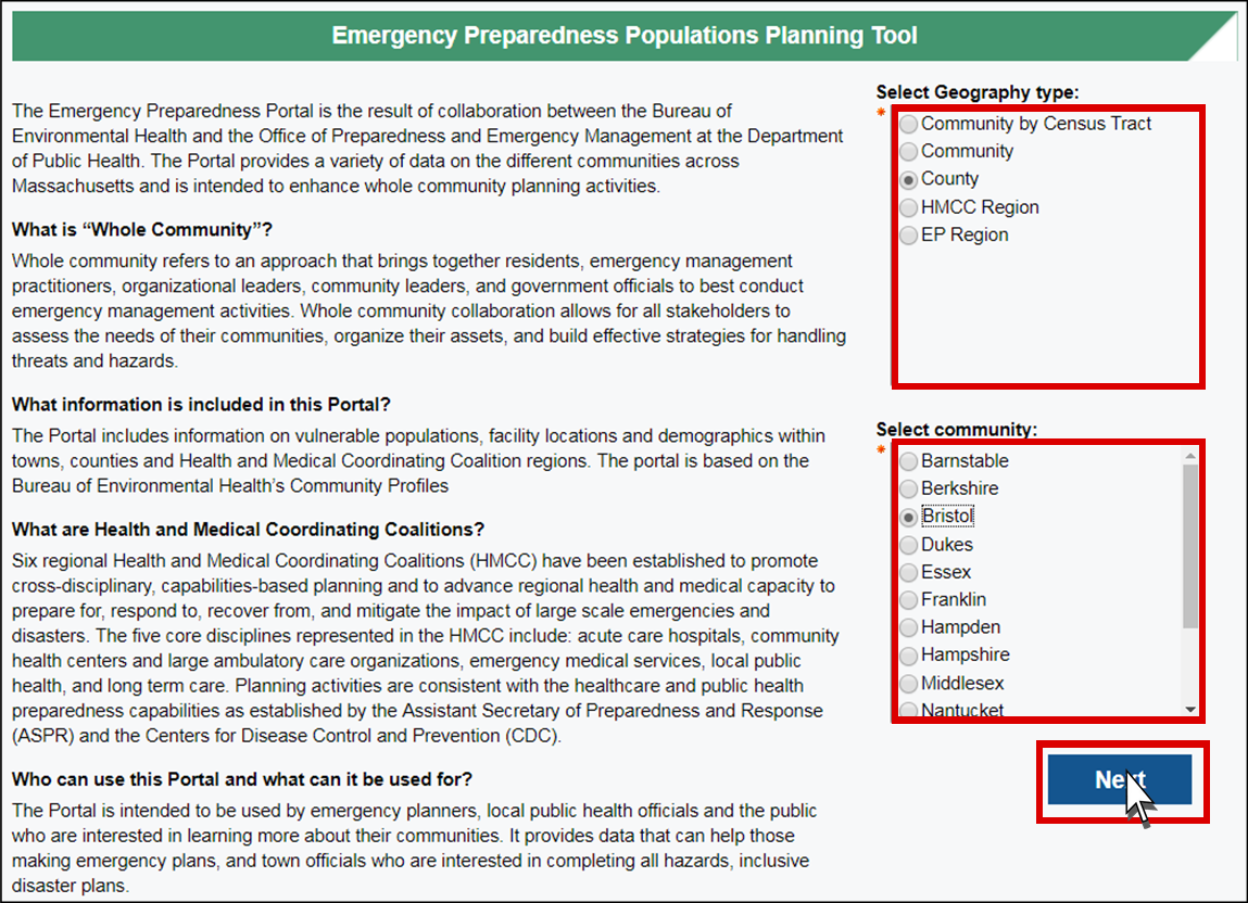 The emergency preparedness portal has paragraphs of information on the left side about the portal. On the right side there is a box titled Select Geography type outlined in red with multiple choice options: Community by Census Tract, Community, County, HMCC Region, and EP Region. The County bubble is selected. Below it, there is another box titled Select Community, also outlined in red, with multiple choice options for the county. The Bristol bubble is selected. Underneath, there is a blue Next box outlined in red with a cursor clicking on it.