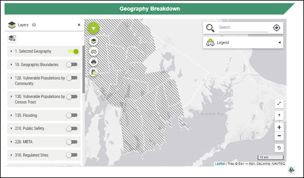 The layers tab is open with multiple options including Selected Geography, Geographic Boundaries, Vulnerable Populations by Community, Vulnerable Populations by Census Tract, Flooding, Public Safety, MBTA, and Regulated Sites.