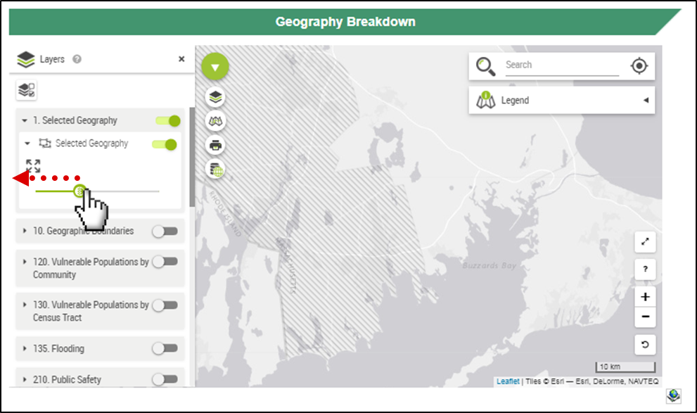 The selected geography tab is open, which includes a line with a green circle over it. The line is green on the left side of the circle and gray on the right side, indicating the level of transparency. There is a pointed hand cursor sliding the green circle to the left and a red dotted arrow pointing left to represent the sliding motion. The transparency of Bristol County is faded on the map.
