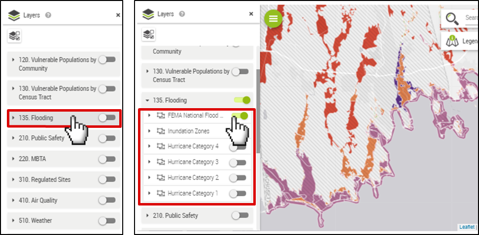 There are two screenshot panels. The first has a red outline around the Flooding tab with a pointed hand cursor clicking on it. The second has the Flooding tab open with options FEMA National Flood Hazard, Inundation Zone, Hurricane Category 4, Hurricane Category 3, Hurricane Category 2, and Hurricane Category 1. FEMA National Flood Hazard is selected with a pointed hand cursor, so that the gray toggle is green. The map has different colors on it representing degrees of flooding. 