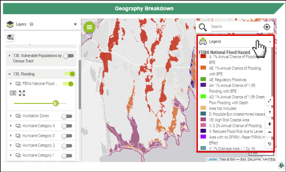 There is a pointed hand cursor clicking on the Legend tab. The tab is open with different colors representing: 1% Annual Chance of Flooding no BFE, 1% Annual Chance of Flooding with BFE, Regulatory Floodway, 1% Annual Chance of 1-3ft Ponding with BFE, 1% Annual Chance of 1-3ft Sheet Flow Flooding with Depth, Area Not Included, Possible But Undermined Hazard, High Risk Coastal Area, 0.2% Annual Chance of Flooding, Reduced Flood Risk due to Levee, Area with no DFIRM- Paper FIRMs in Effect, and 1% Drainage Area < 1 Sq. Mi.