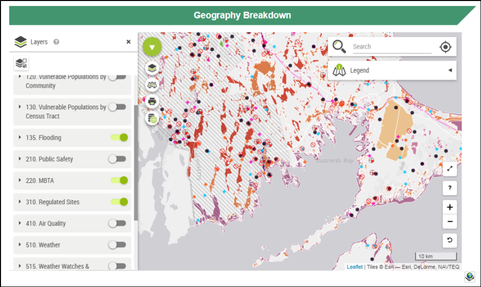 The map has green toggles on the Flooding, MBTA, and Regulated Sites tabs. The map has different colors on it representing degrees of flooding. There are blue, pink, and red dots representing regulated sites. There are purple lines representing MBTA transportation.