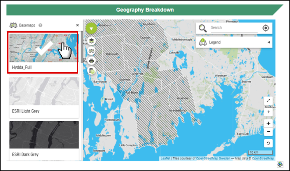 The screenshot has 3 map selection options panels on the left-hand side of the page with a red box around “Hydda_Full”. A pointed hand cursor is clicking on it and there is a large white check mark on the selected panel. The map displays labeled streets in the map view window.
