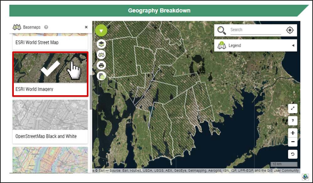 The screenshot has 3 panels on the left-hand side of the page with a red box around ESRI World Imagery. A pointed hand cursor is clicking on it and there is a large white check mark on the selected panel. The map displays a satellite image in the map view window.