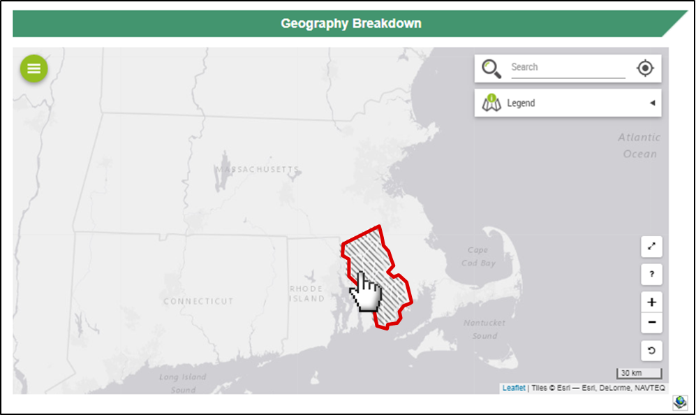 There is a map Massachusetts labeled Geography Breakdown. There is a pointed hand cursor clicking on Bristol County, outlined in red.