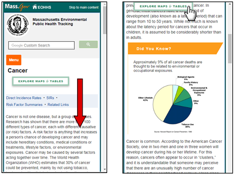 There are two screenshots. The first one shows the green “Explore Maps & Tables” icon in the top center of the topic page with a red arrow pointing downward. The second screenshot shows the page scrolled down with the green “Explore Maps & Tables” icon still on the top of the page. There is a pointed hand cursor clicking on it.