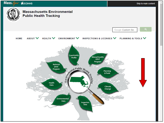 There is a screenshot of the MA EPHT home page with a red arrow pointing downward.