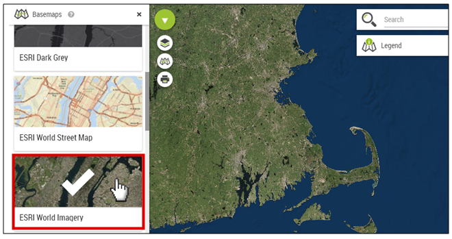 The screenshot has 3 panels on the left-hand side of the page with a red box around ESRI World Imagery. A pointed hand cursor is clicking on it and there is a large white check mark on the selected panel. The map displays a satellite image in the map view window.