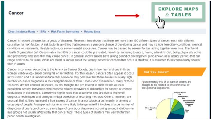There is a screenshot of the top of the Cancer topic page, including paragraphs of information and a pie chart. There is a red arrow pointing to the green Explore Maps & Tables icon, which is located at the top right. There is a cursor clicking on the box.