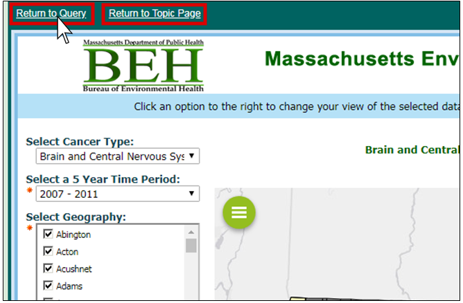 The screenshot of the map has red boxes around the links Return to Query and Return to Topic Page on the top left of the page. The cursor is clicking on the first link as an example.