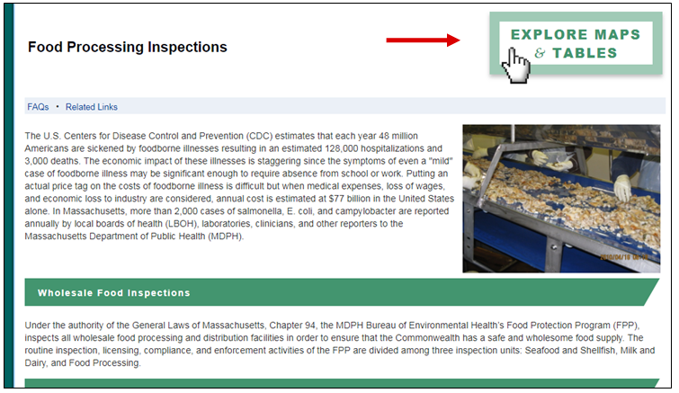 There is a screenshot of the top of the Food Processing Inspections topic page, including paragraphs of information and a picture of people working with food on a conveyor belt. There is a red arrow pointing to the green Explore Maps & Tables icon, which is located at the top right of the page. There is a cursor clicking on the box.